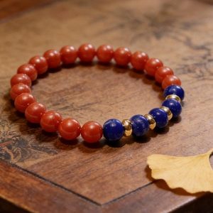 D96 Bead Bracelet: Vermilion-Green Five Fortunes Auspicious